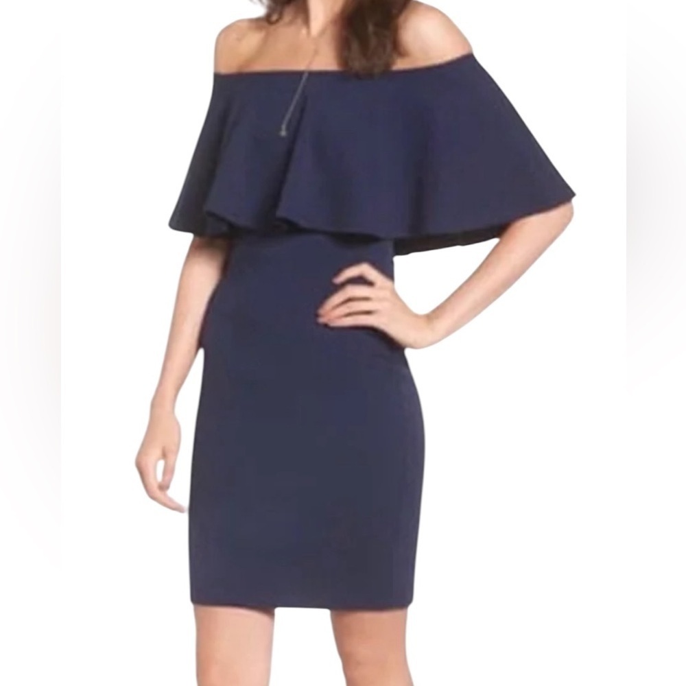 Soprano Womens Indigo  Bodycon Hourglass Navy M USA Off Shoulder Dress.